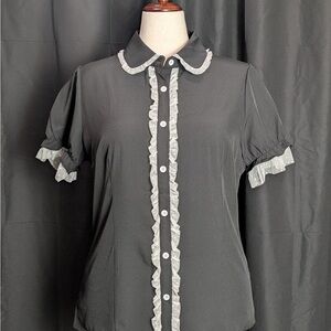 Vintage Black Ruffle White Trim Button Up Blouse